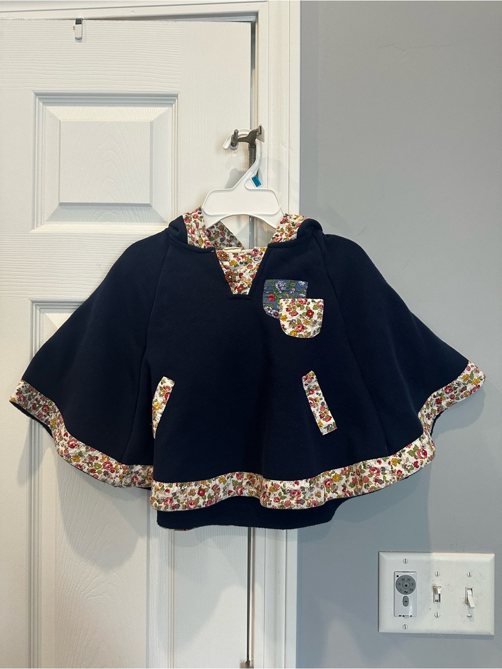 Girls' Navy Floral-Trim Hooded Cape Jacket